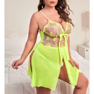 Blomsterbroderi Mesh Slit lår Cami Nighties Sexet mesh Natkjole